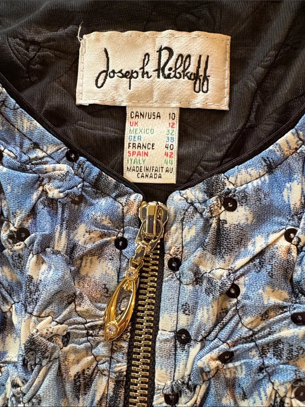 Joseph Ribkoff Blue and Gold Textured Zip-Front Jacket Top - Picture 3 of 3